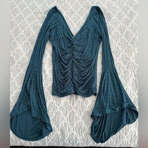 We The Free Long-Sleeve Ruched Top with Bell Sleeves and Polka Dots